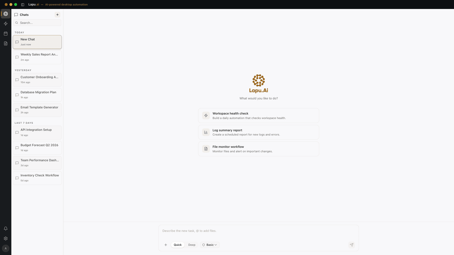 Lapu AI desktop application showing the agent chat workspace